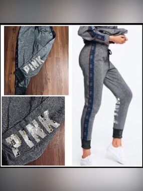 PINK VS SHIMMER GRAY BLING JOGGER PANTS XL